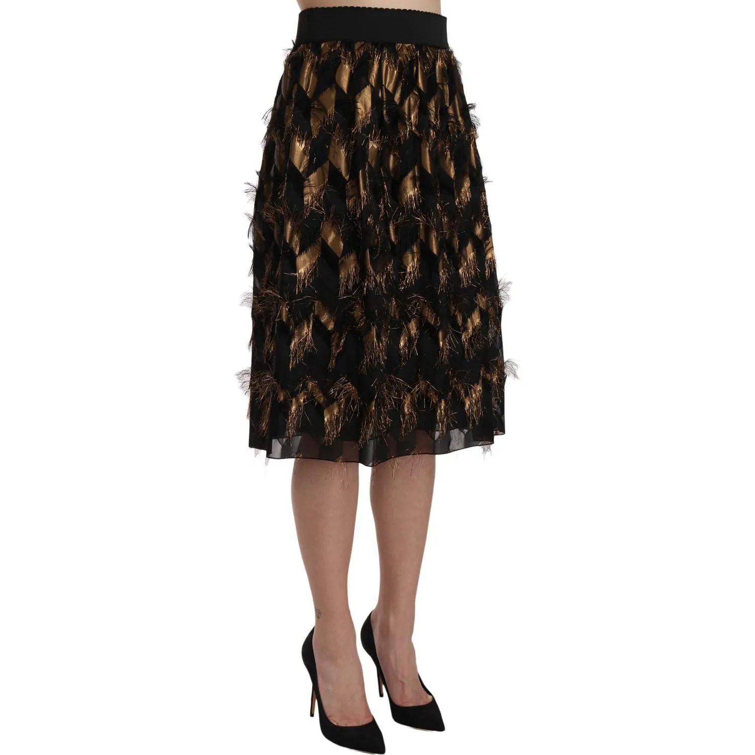 Dolce & Gabbana Elegant Gold Black Silk Blend High Waist Skirt