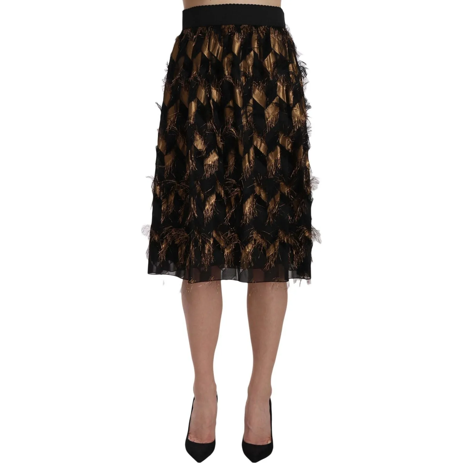 Dolce & Gabbana Elegant Gold Black Silk Blend High Waist Skirt