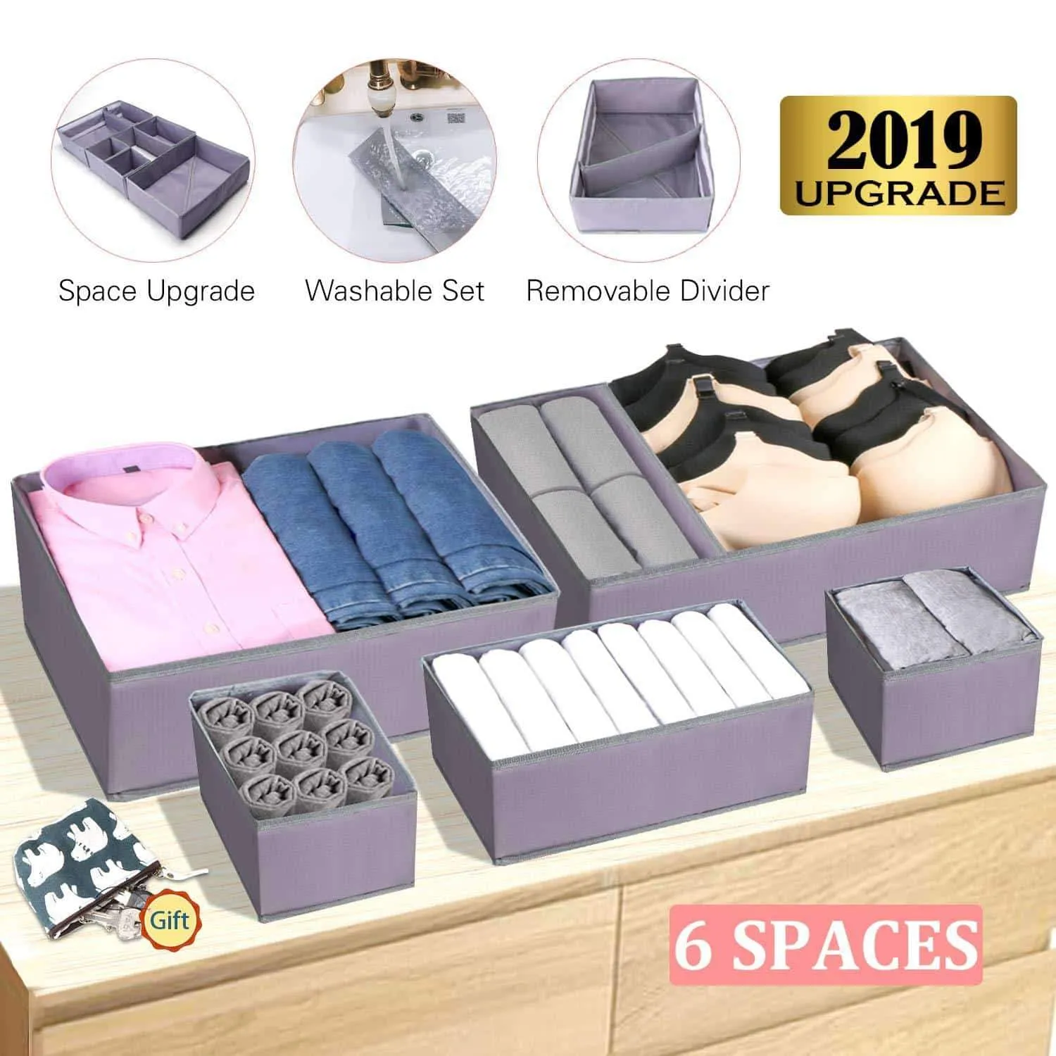 Drawer Organizer Clothes Dresser Underwear Organizer Washable Deep Socks Bra Large Boxes Storage Foldable Removable Dividers Fabric Basket Bins Closet T Shirt Jeans leggings Nursery Baby Clothing,Gray