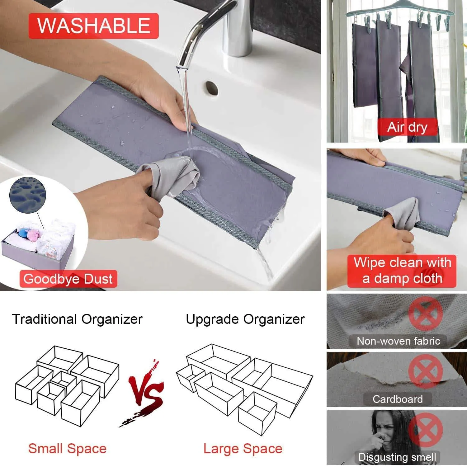 Drawer Organizer Clothes Dresser Underwear Organizer Washable Deep Socks Bra Large Boxes Storage Foldable Removable Dividers Fabric Basket Bins Closet T Shirt Jeans leggings Nursery Baby Clothing,Gray