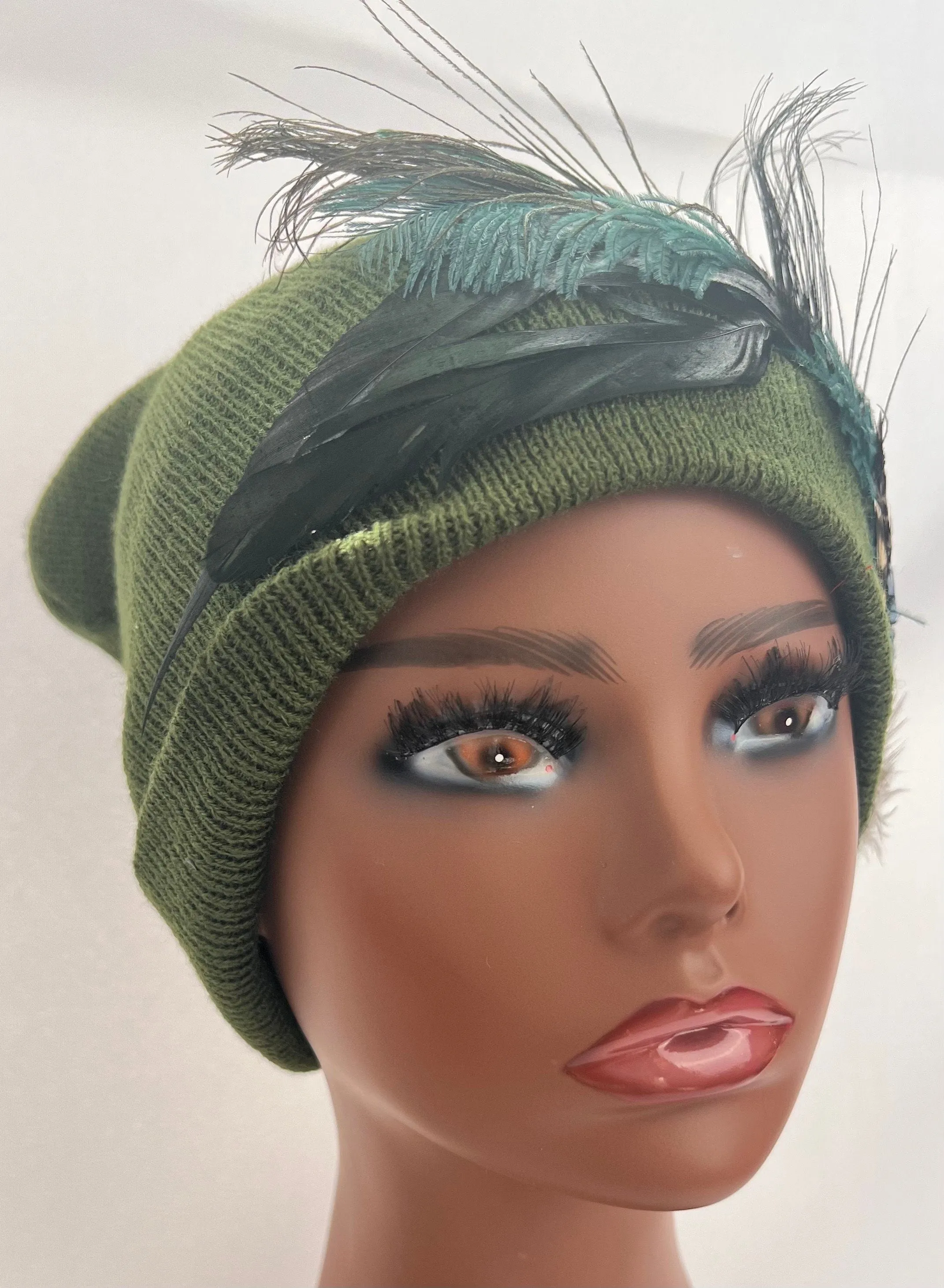 Embellished Feathered & Vintage Jeweled Knit Hat