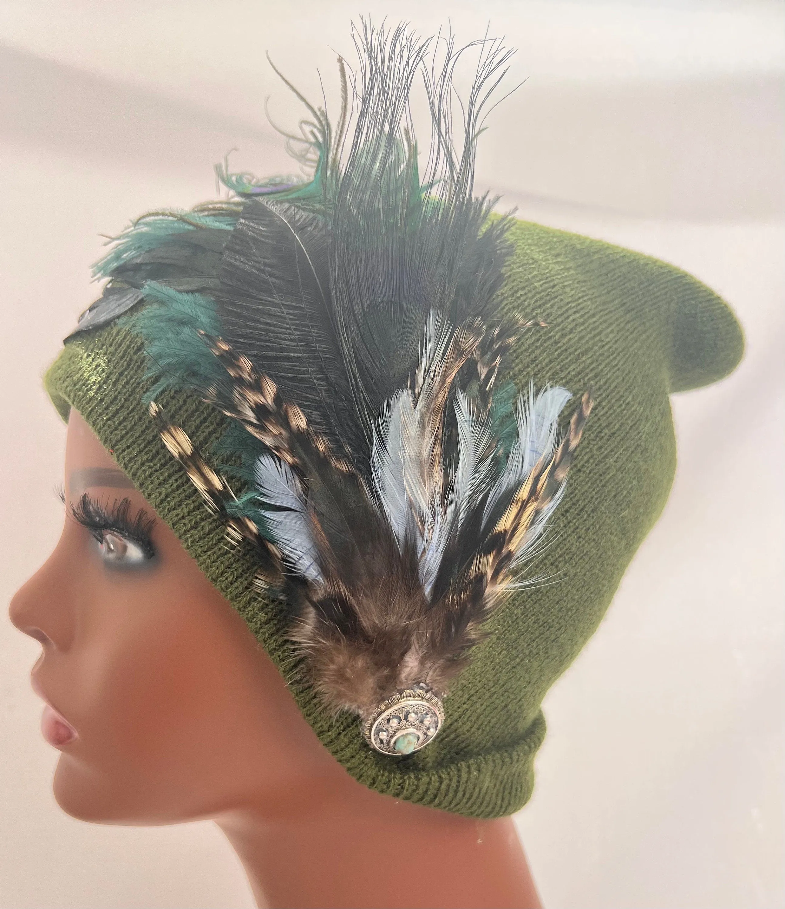 Embellished Feathered & Vintage Jeweled Knit Hat