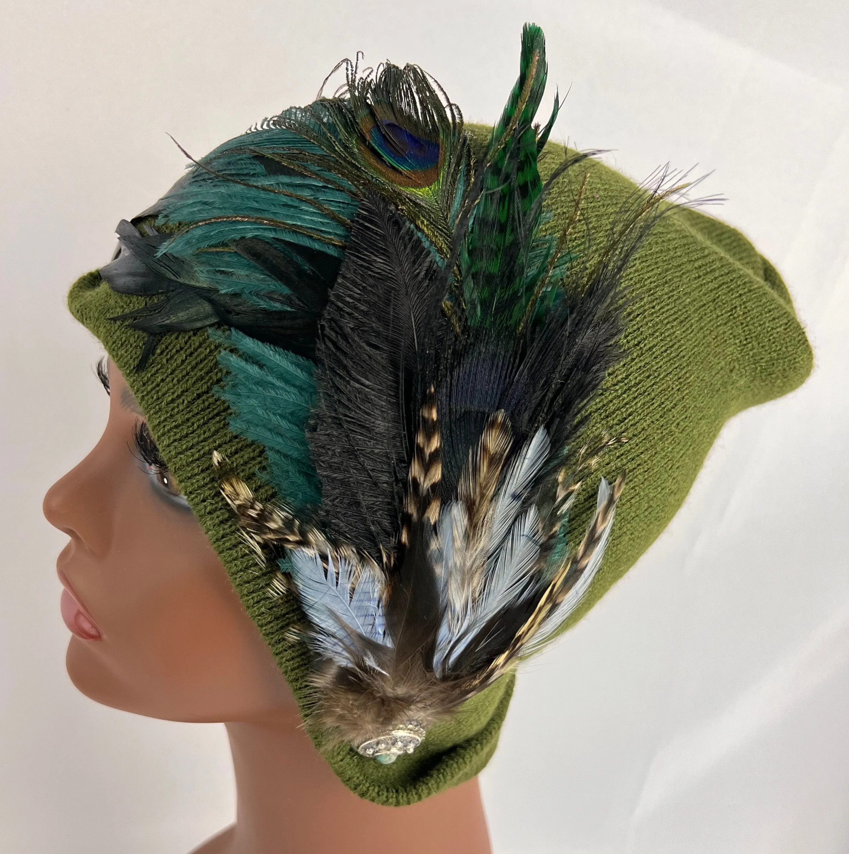 Embellished Feathered & Vintage Jeweled Knit Hat