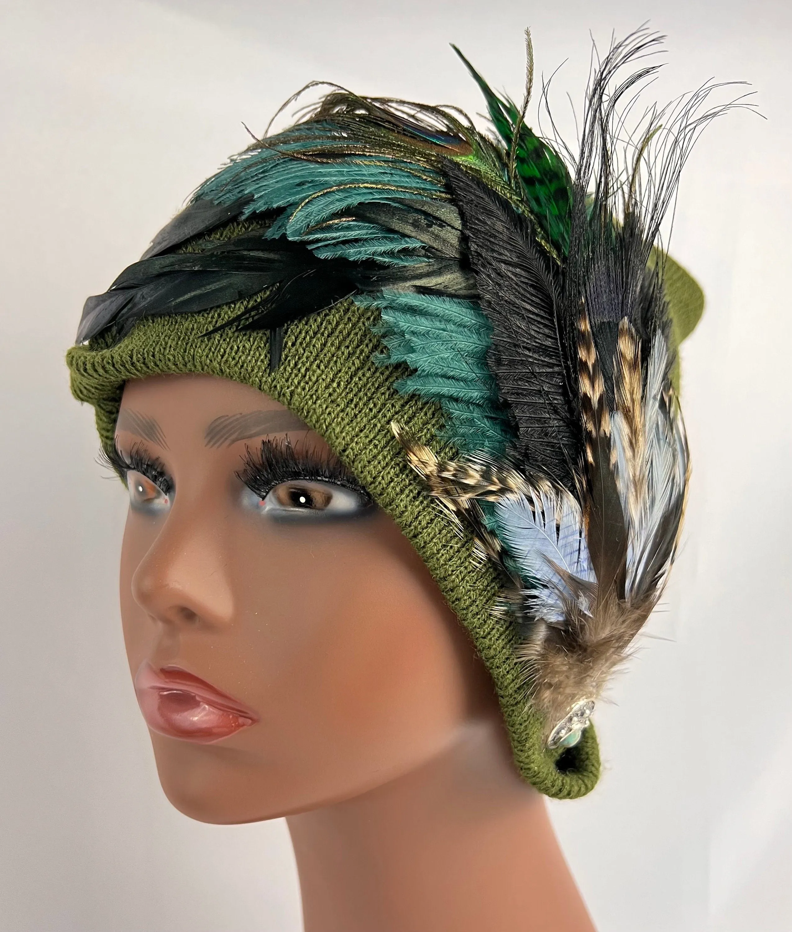 Embellished Feathered & Vintage Jeweled Knit Hat