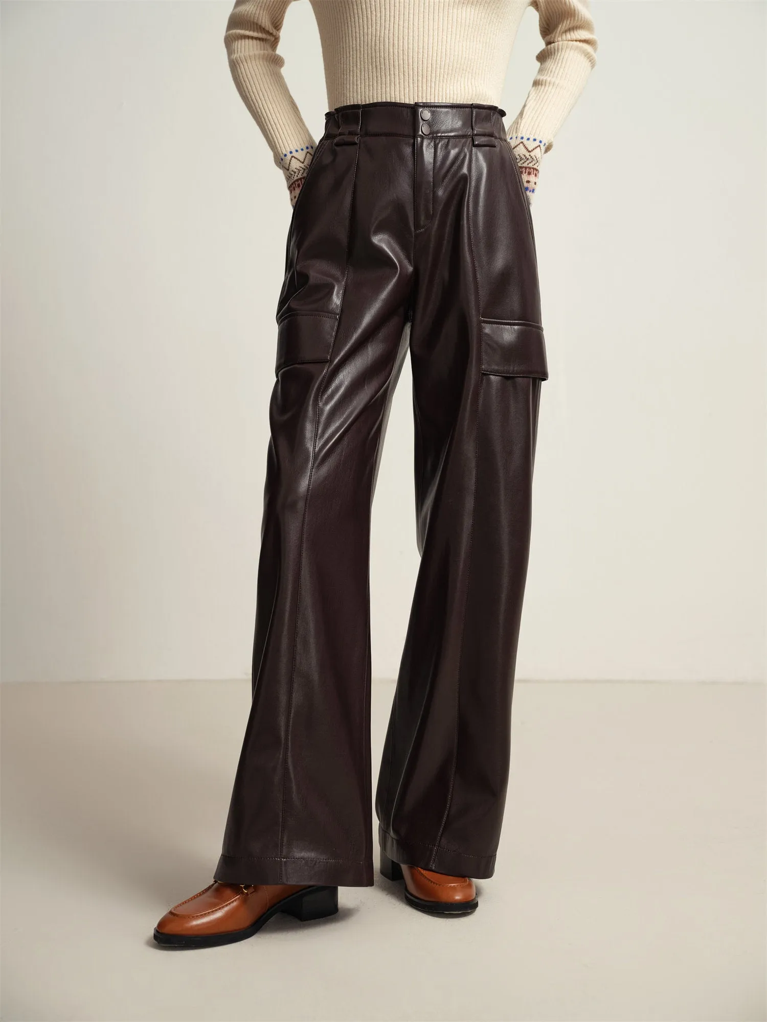 EP YAYING Cream Leather Cargo Pants