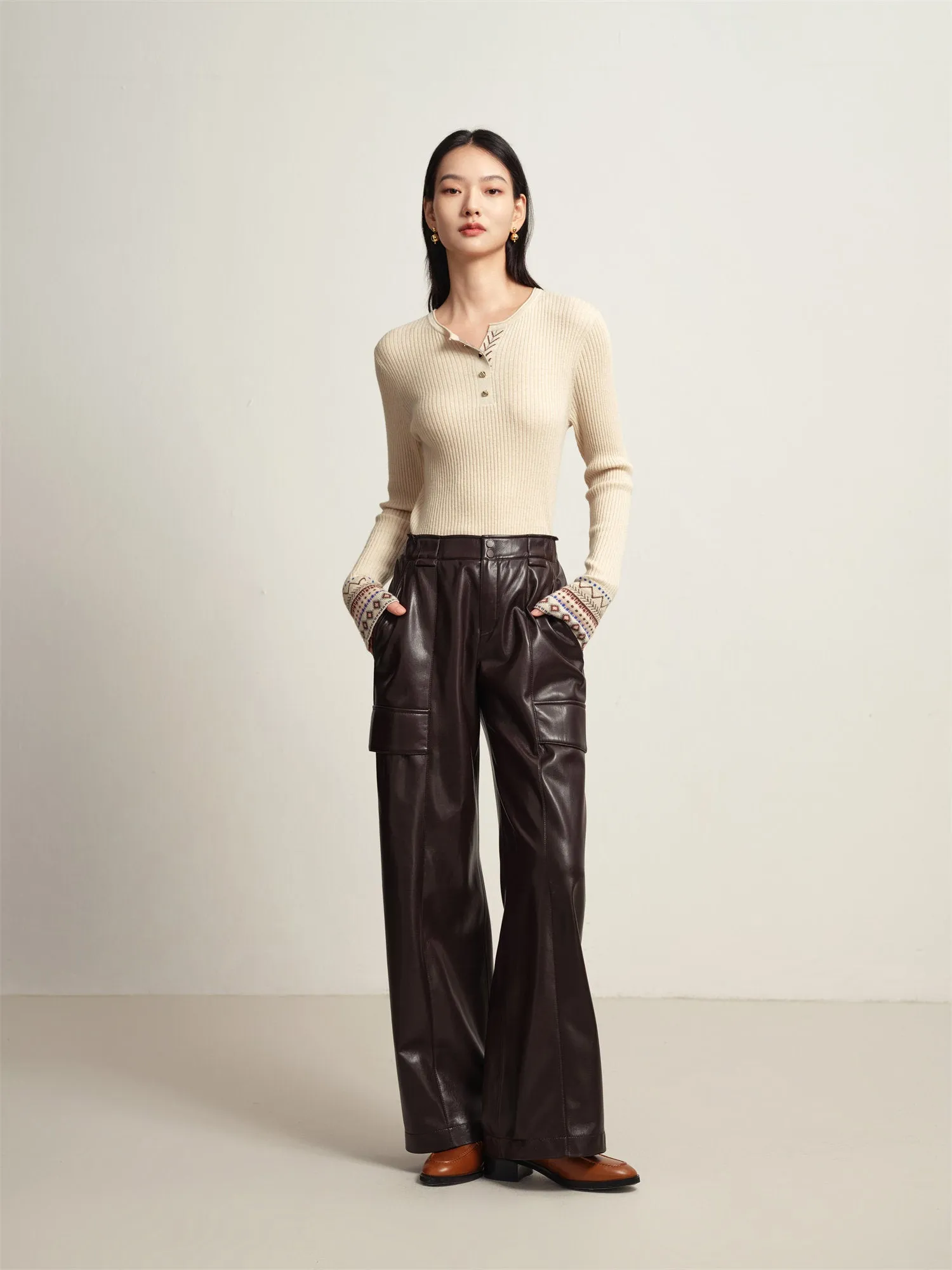 EP YAYING Cream Leather Cargo Pants