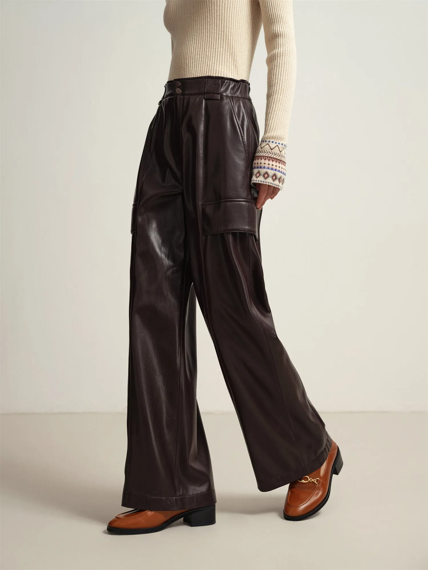 EP YAYING Cream Leather Cargo Pants