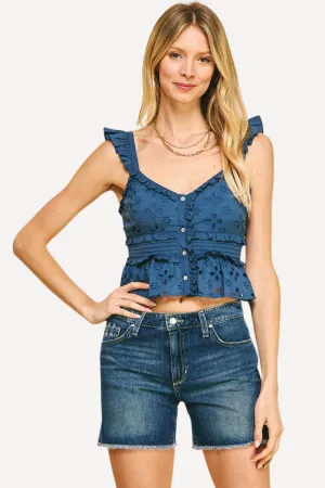 Eyelet Cropped Ruffle Tank Top