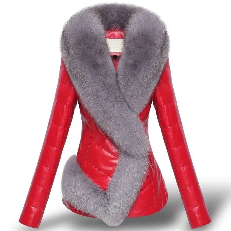 Fashion Faux Fur Faux Leather Jacket Short Faux Fox Fur Collar Winter Coat