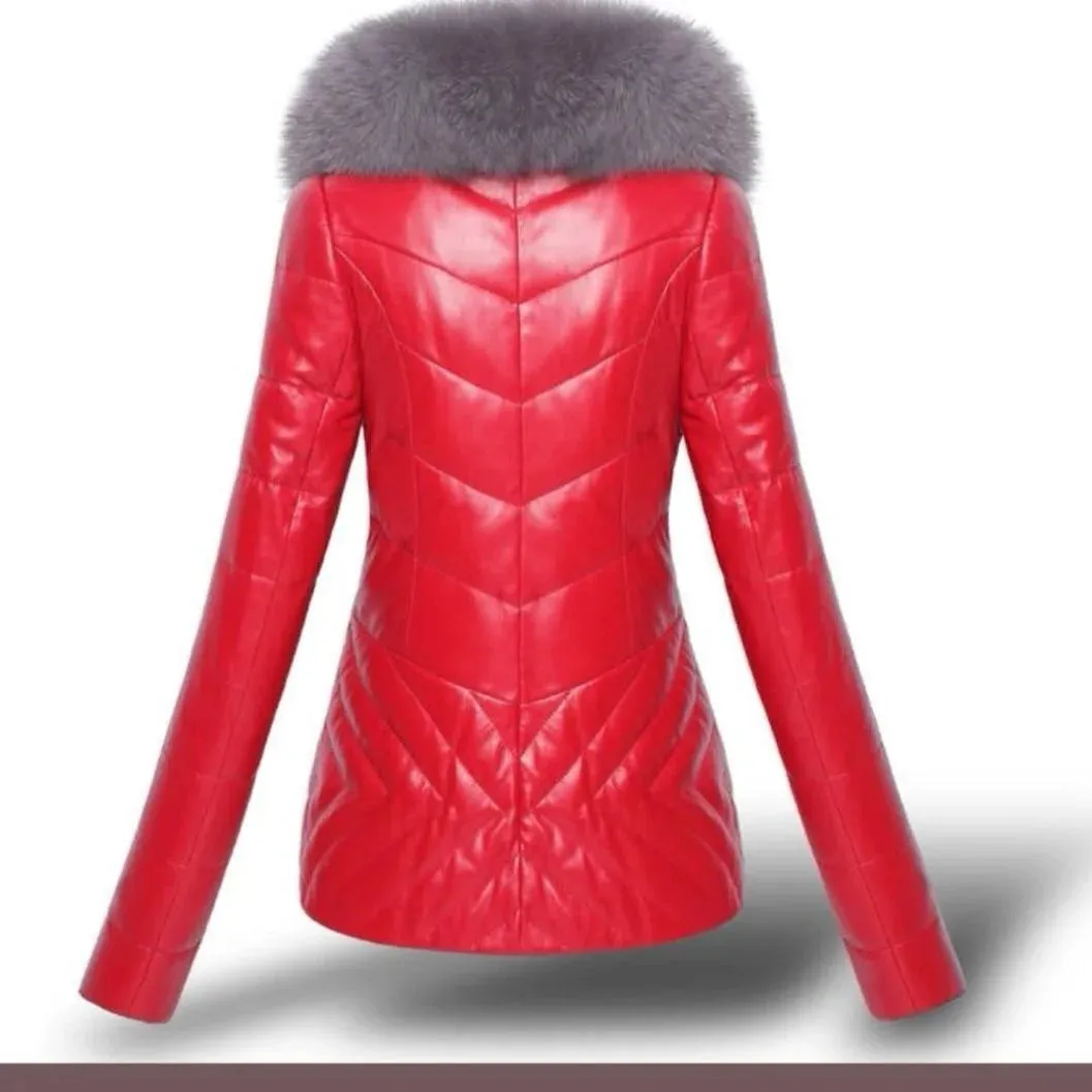 Fashion Faux Fur Faux Leather Jacket Short Faux Fox Fur Collar Winter Coat