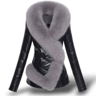 Fashion Faux Fur Faux Leather Jacket Short Faux Fox Fur Collar Winter Coat