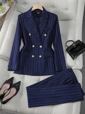 Fashionkova Christmas Gift Outfit  Fashion Autumn Winter Ladies Pant Suit Women Blue Striped Female Business Work Wear Jacket Blazer and Trouser Formal 2 Piece Set