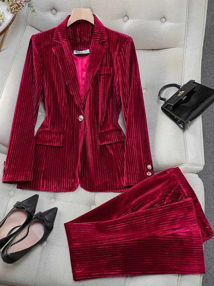 Fashionkova Christmas Gift Outfit  Fashion Red Green Black Blue Ladies Pant Suit Women Female Work Wear Formal Jacket Blazer and Trouser Striped 2 Piece Set