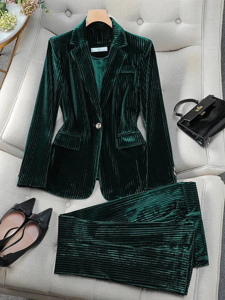 Fashionkova Christmas Gift Outfit  Fashion Red Green Black Blue Ladies Pant Suit Women Female Work Wear Formal Jacket Blazer and Trouser Striped 2 Piece Set