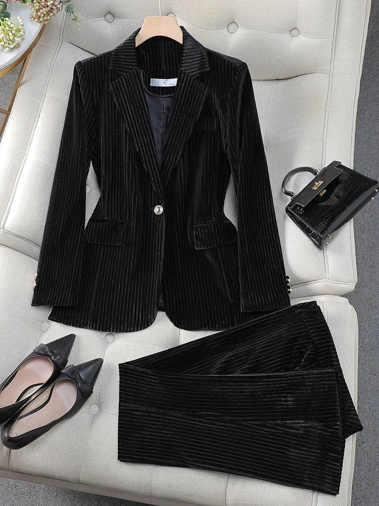 Fashionkova Christmas Gift Outfit  Fashion Red Green Black Blue Ladies Pant Suit Women Female Work Wear Formal Jacket Blazer and Trouser Striped 2 Piece Set