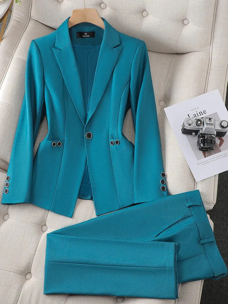 Fashionkova Christmas Gift Outfit  Ladies Blazer And Pant Suit Formal Green Purple Blue Black Solid Women Jacket Trouser Female Business Work Wear 2 Piece Set