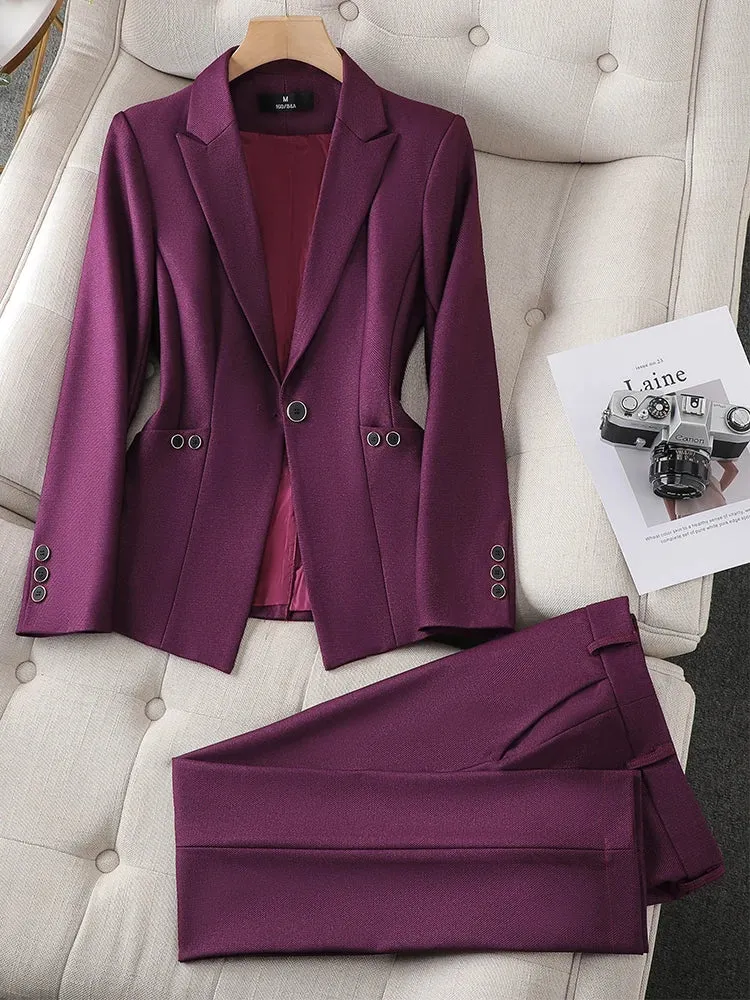 Fashionkova Christmas Gift Outfit  Ladies Blazer And Pant Suit Formal Green Purple Blue Black Solid Women Jacket Trouser Female Business Work Wear 2 Piece Set