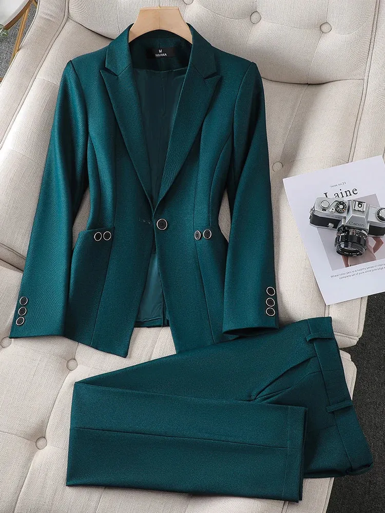 Fashionkova Christmas Gift Outfit  Ladies Blazer And Pant Suit Formal Green Purple Blue Black Solid Women Jacket Trouser Female Business Work Wear 2 Piece Set