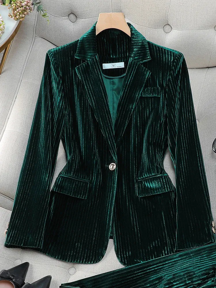 Fashionkova Christmas Gift Outfit  Red Blue Black Green Striped Ladies Blazer Women Long Sleeve Single Button Slim Female Autumn Winter Work Wear Formal Jacket