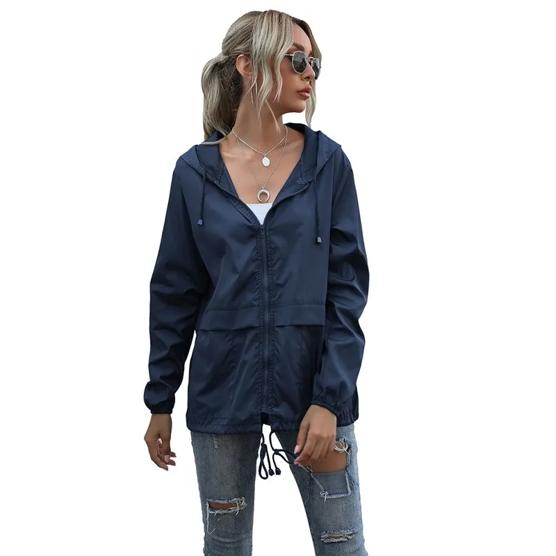 Fashionkova  Women Waterproof Coat Casual Jacket  Black Hooded Long Sleeves Zipper Up Solid Raincoat Dark Blue Breathable Jackets