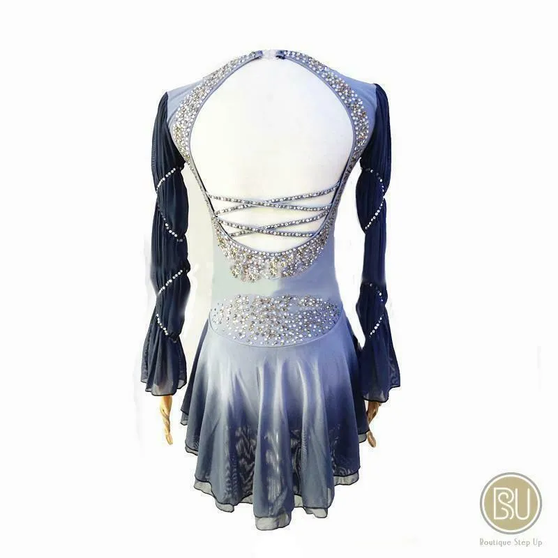 Figure Skating Dress Blue Ombre Long Sleeves, BSU180902 Adult Extra Large