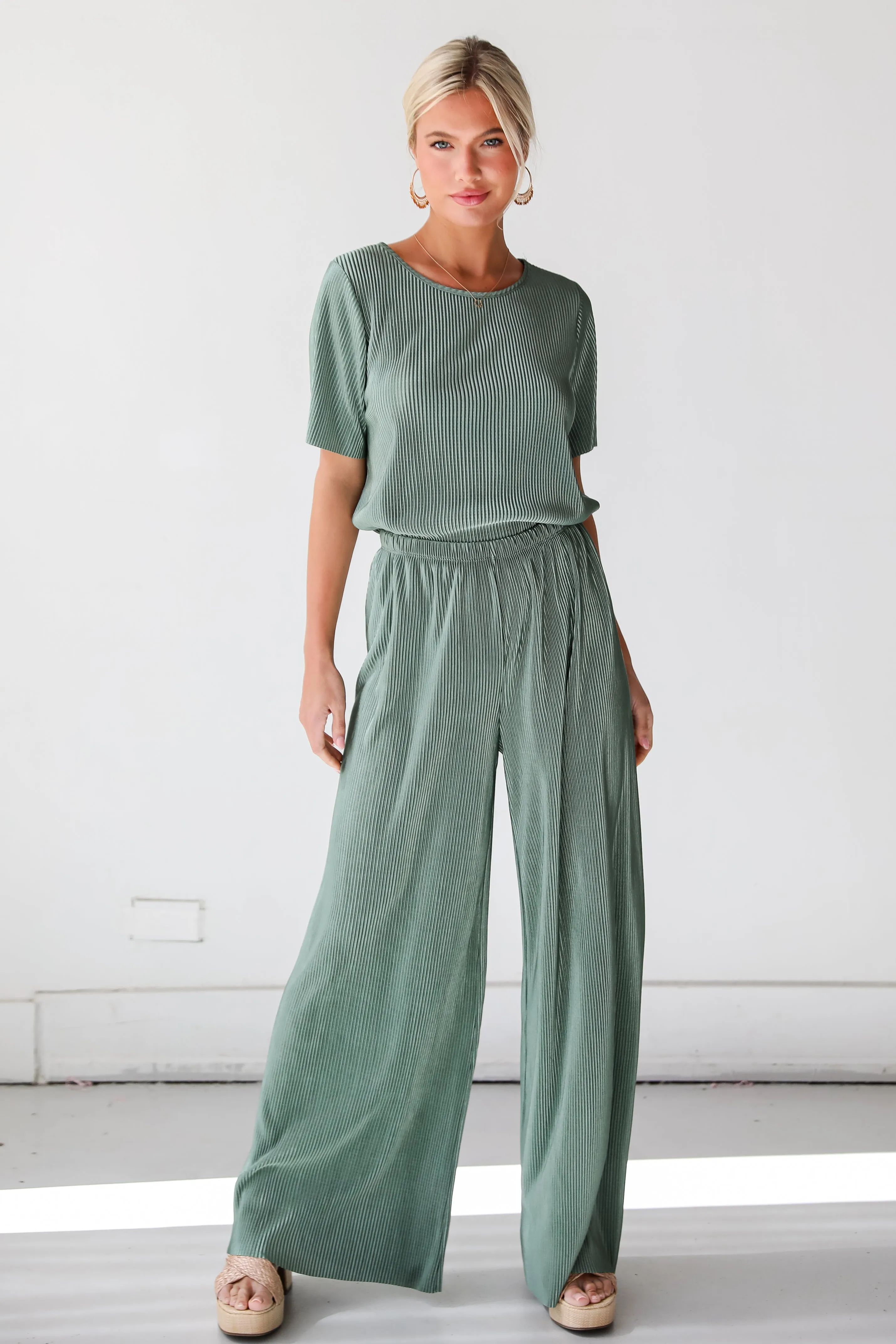 FINAL SALE - Lovely Perspective Sage Plisse Pants