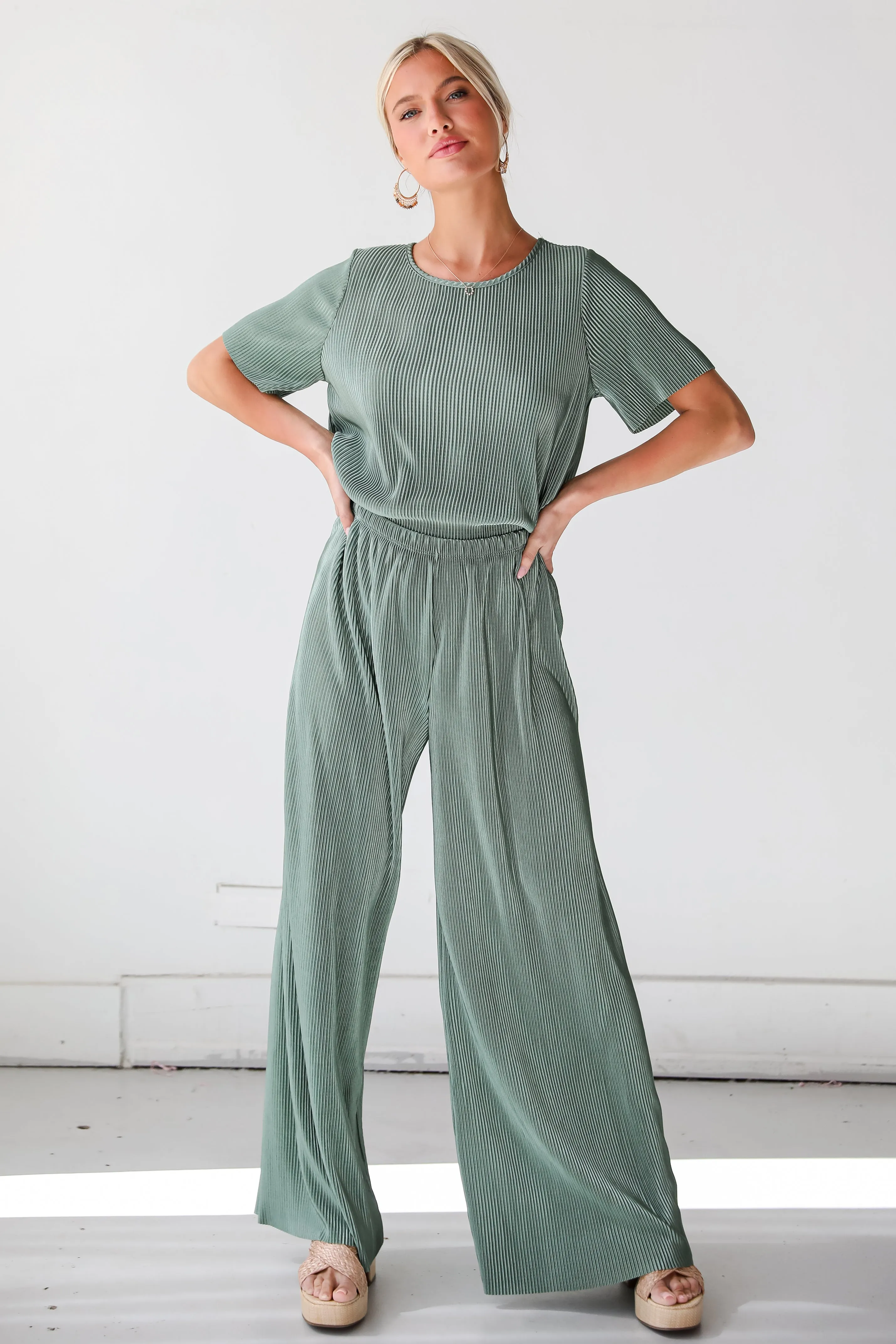 FINAL SALE - Lovely Perspective Sage Plisse Pants