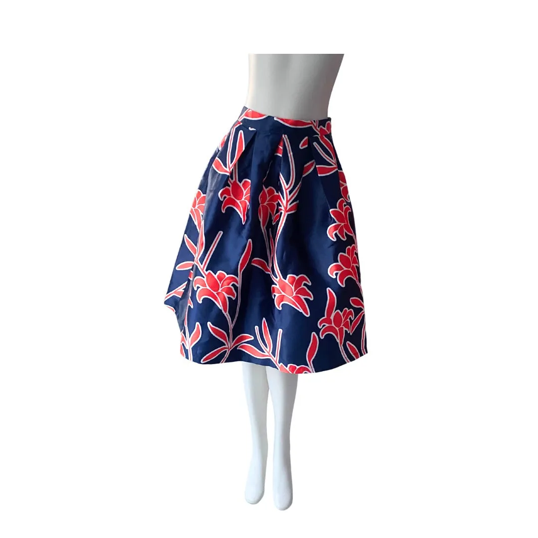 Floral A-Line  Midi Prom Skirt Red Navy