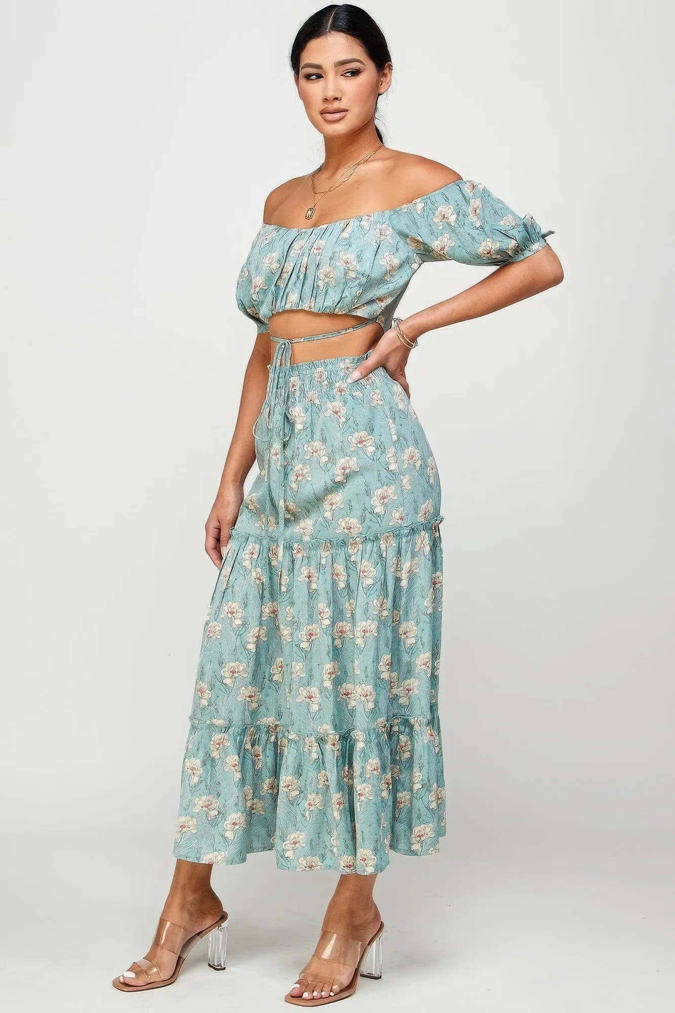 Floral Off Shoulder Sleeve Back Tie Top Skirt Set