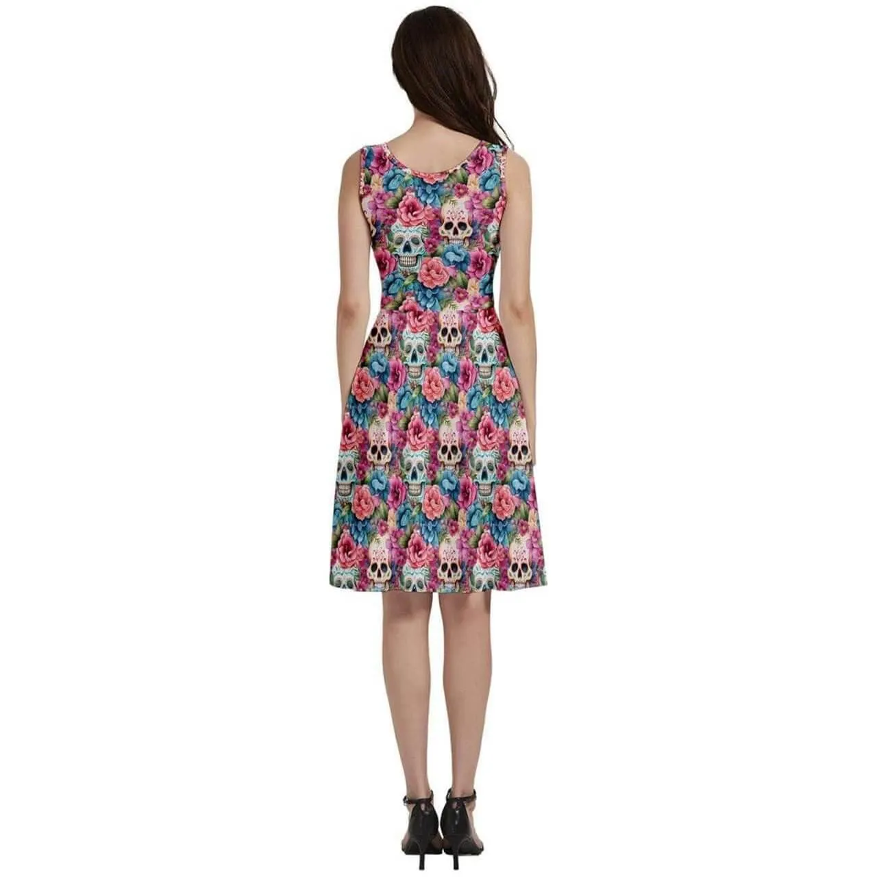 Floral Sugar Skulls Sleeveless V-Neck Skater Dress with Pockets