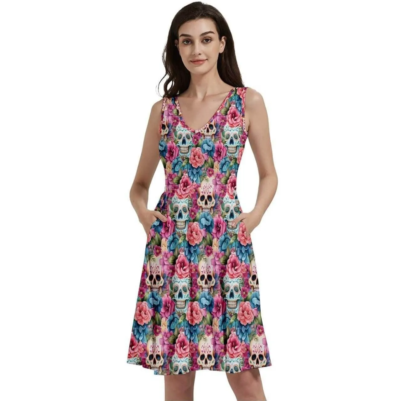 Floral Sugar Skulls Sleeveless V-Neck Skater Dress with Pockets