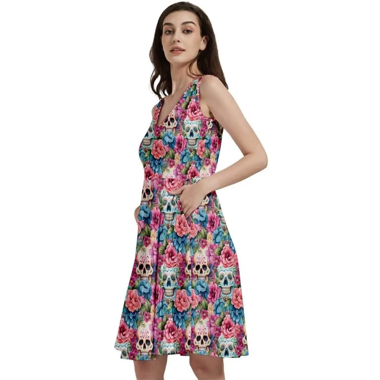 Floral Sugar Skulls Sleeveless V-Neck Skater Dress with Pockets