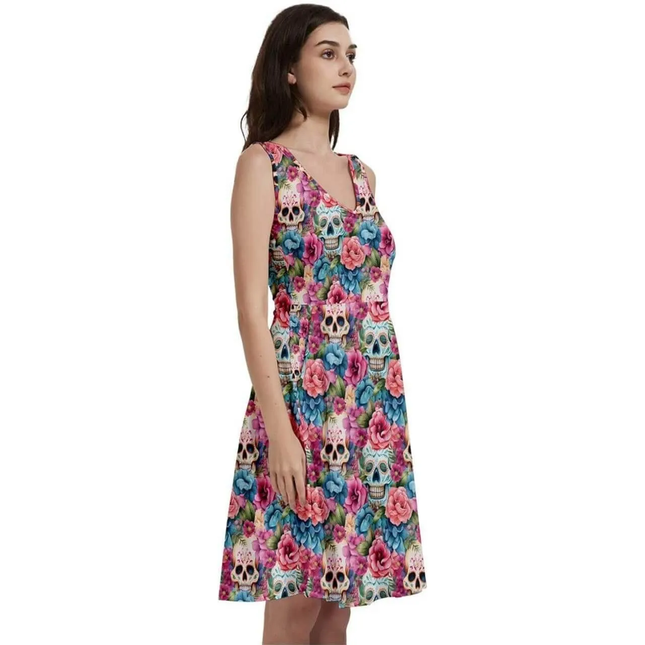 Floral Sugar Skulls Sleeveless V-Neck Skater Dress with Pockets