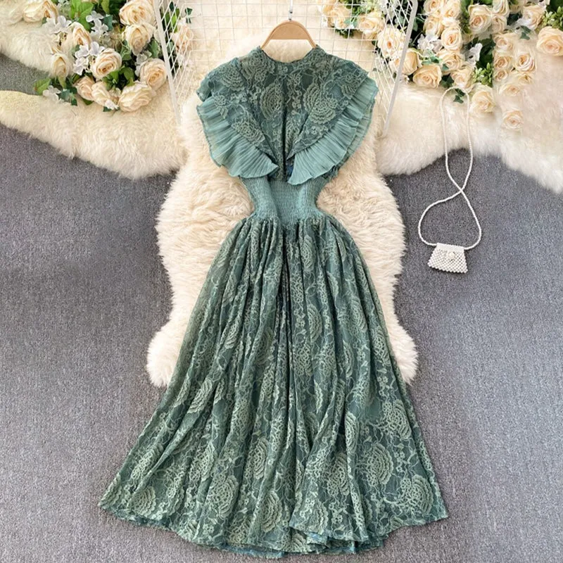 Flowy Pleated Slim Waist Ruffled Flower Lace Midi Dresses