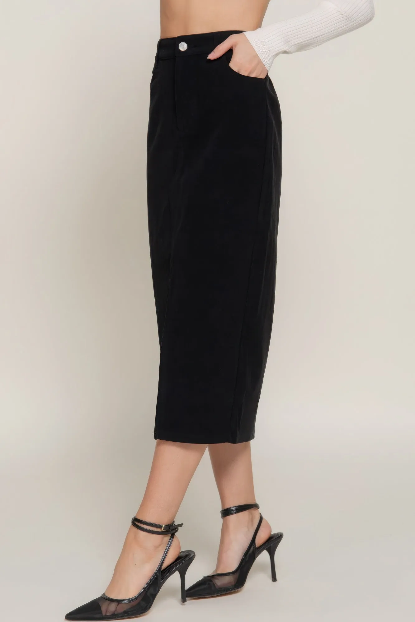 Front Open Slit Corduroy Midi Skirt