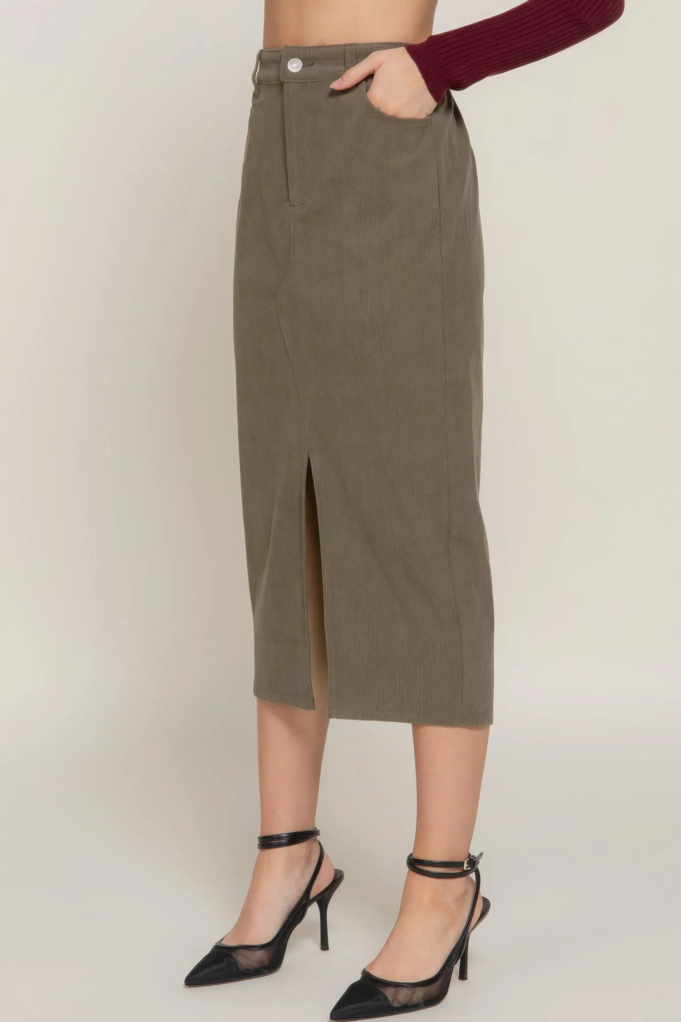 Front Open Slit Corduroy Midi Skirt