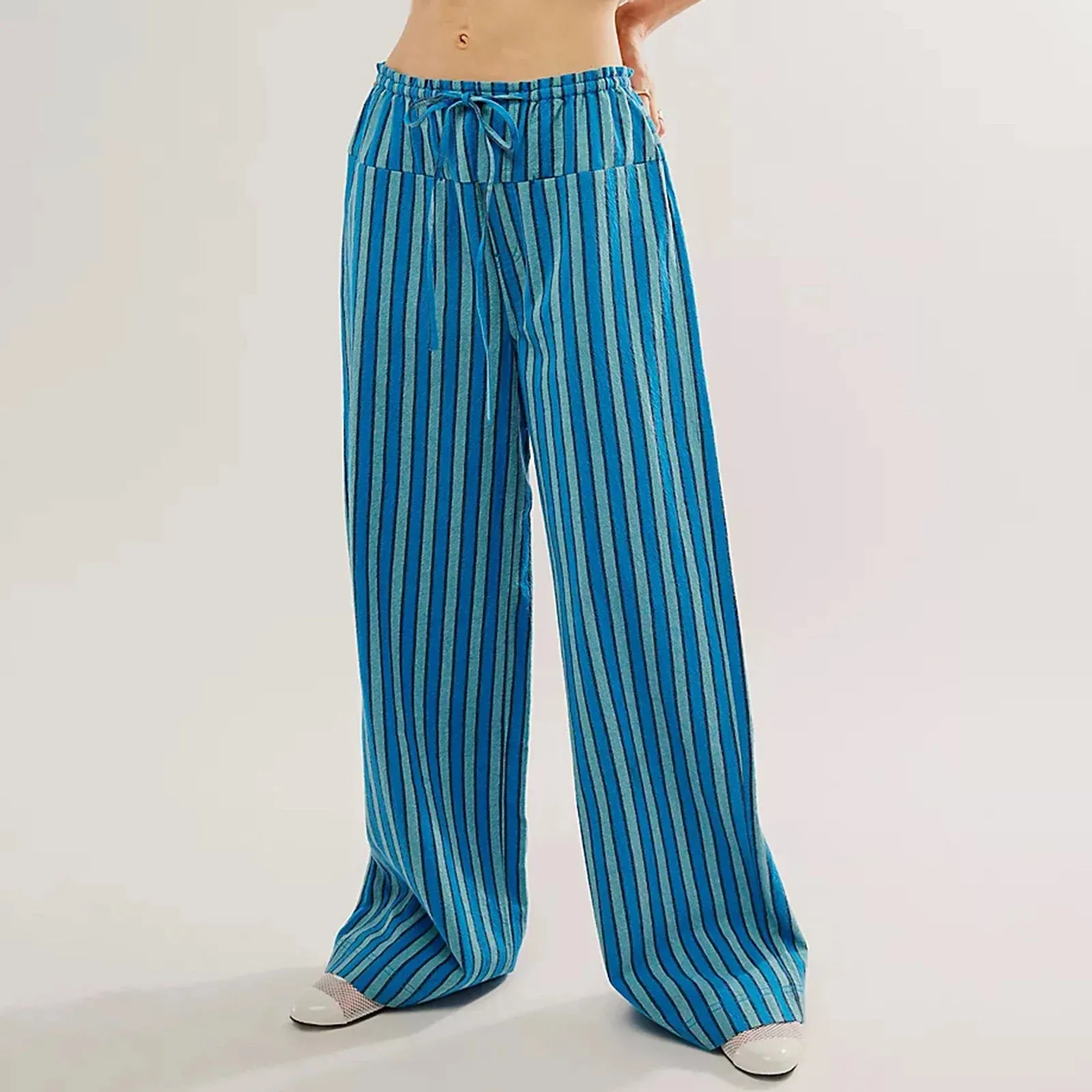 Girlary Striped Lounge Pants Womens Gingham Plaid Pajamas Pj Pants Y2k Drawstring Wide Leg Checkered Palazzo Pants Trousers