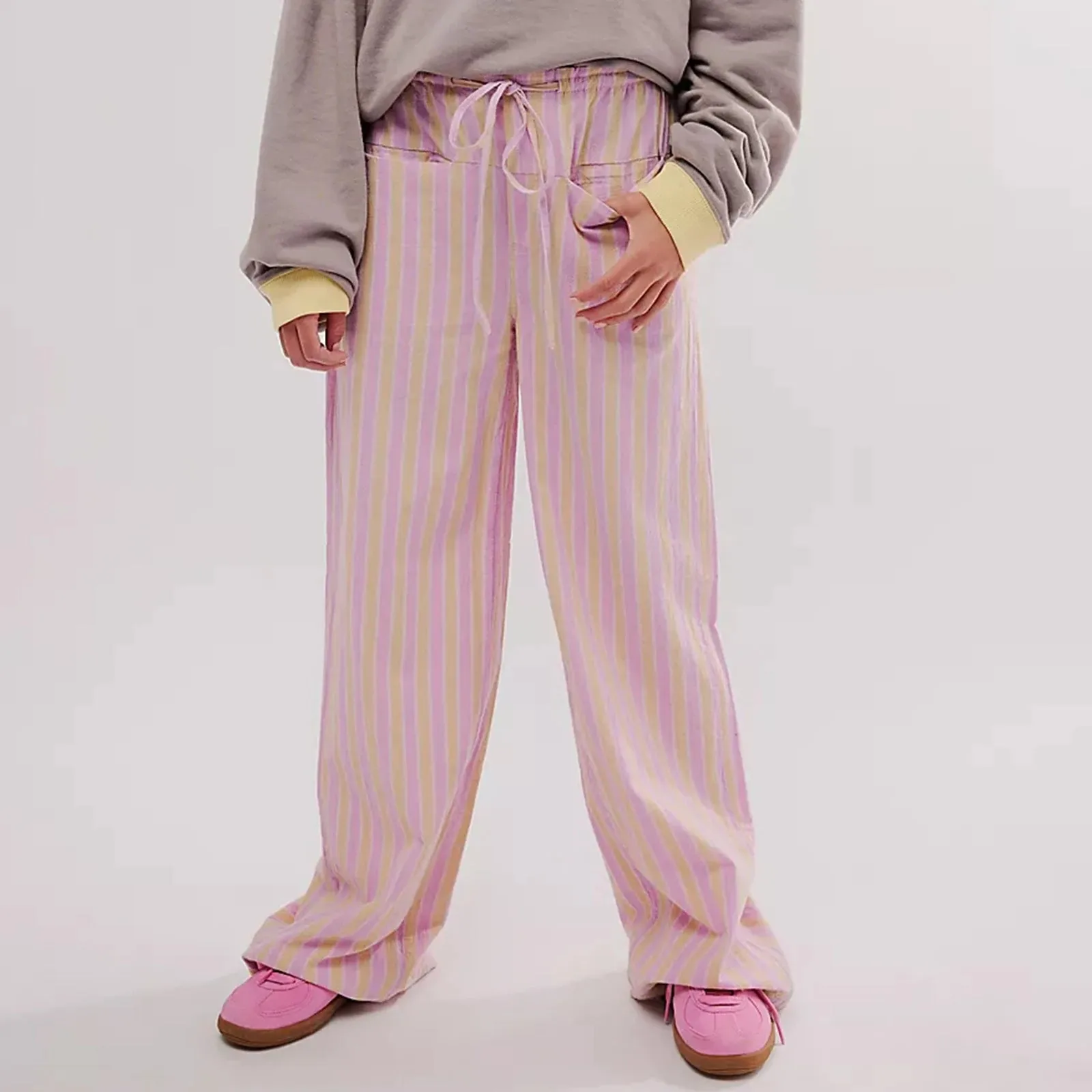 Girlary Striped Lounge Pants Womens Gingham Plaid Pajamas Pj Pants Y2k Drawstring Wide Leg Checkered Palazzo Pants Trousers