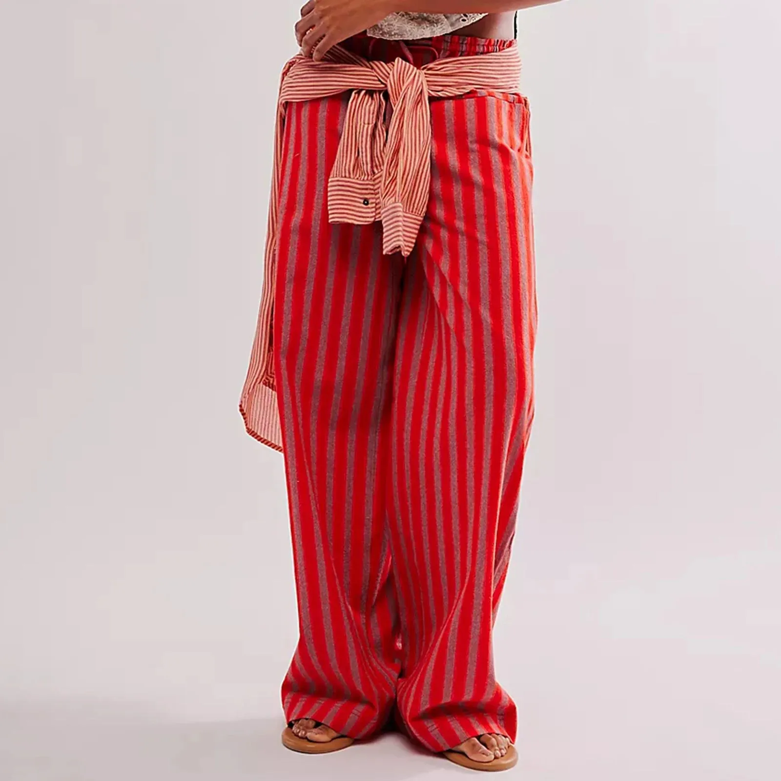 Girlary Striped Lounge Pants Womens Gingham Plaid Pajamas Pj Pants Y2k Drawstring Wide Leg Checkered Palazzo Pants Trousers