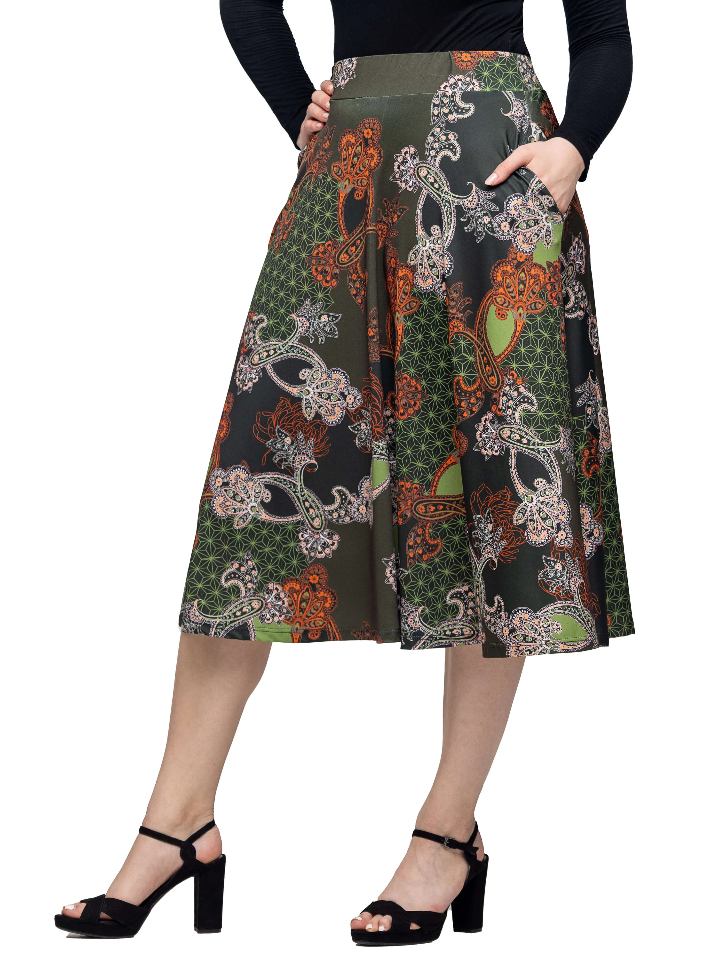 Green Print Elastic Waist Pocket Midi Skirt