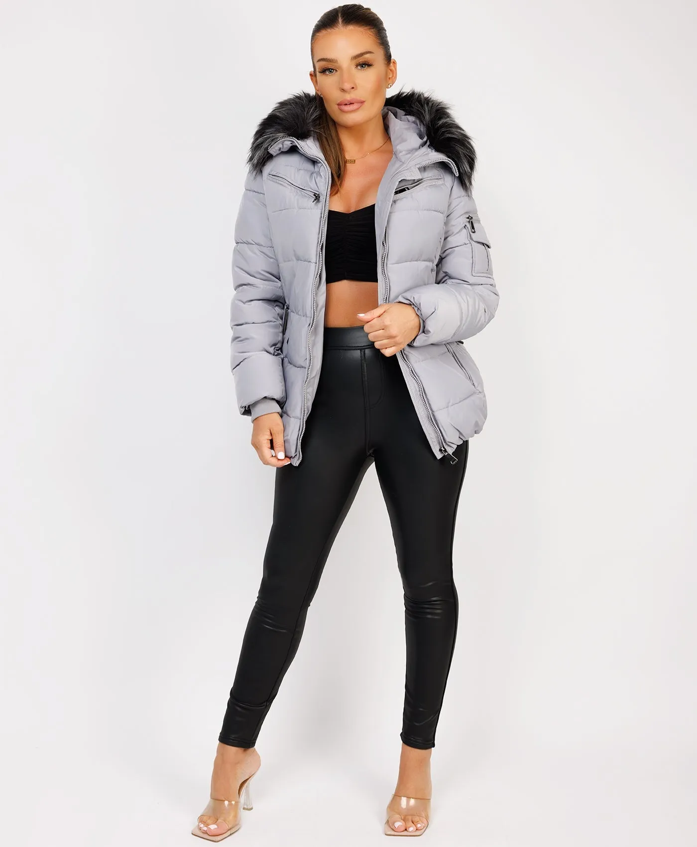 Grey Padded Waist Belted Faux Fur Hooded Jacket