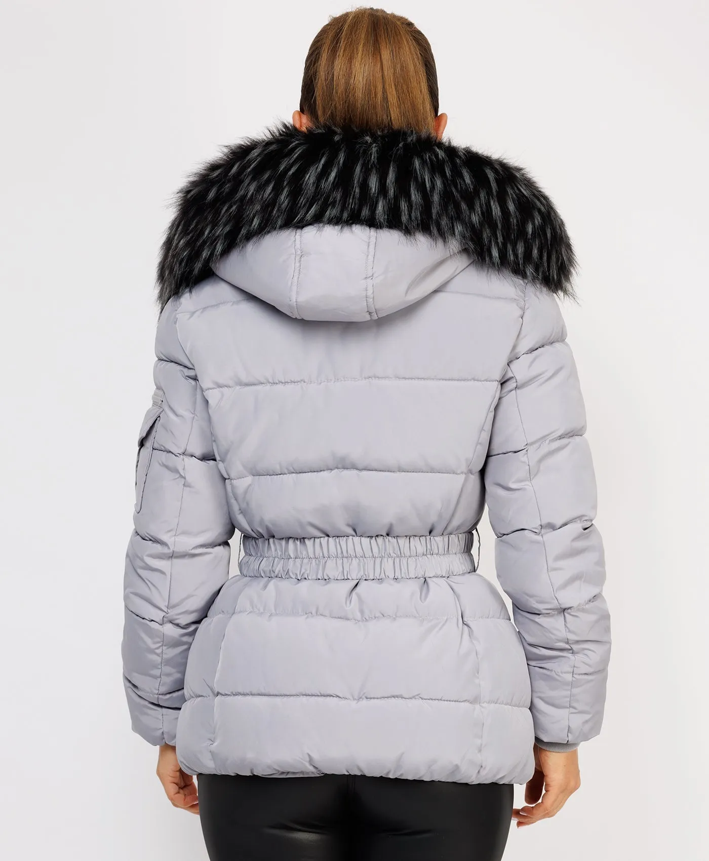 Grey Padded Waist Belted Faux Fur Hooded Jacket