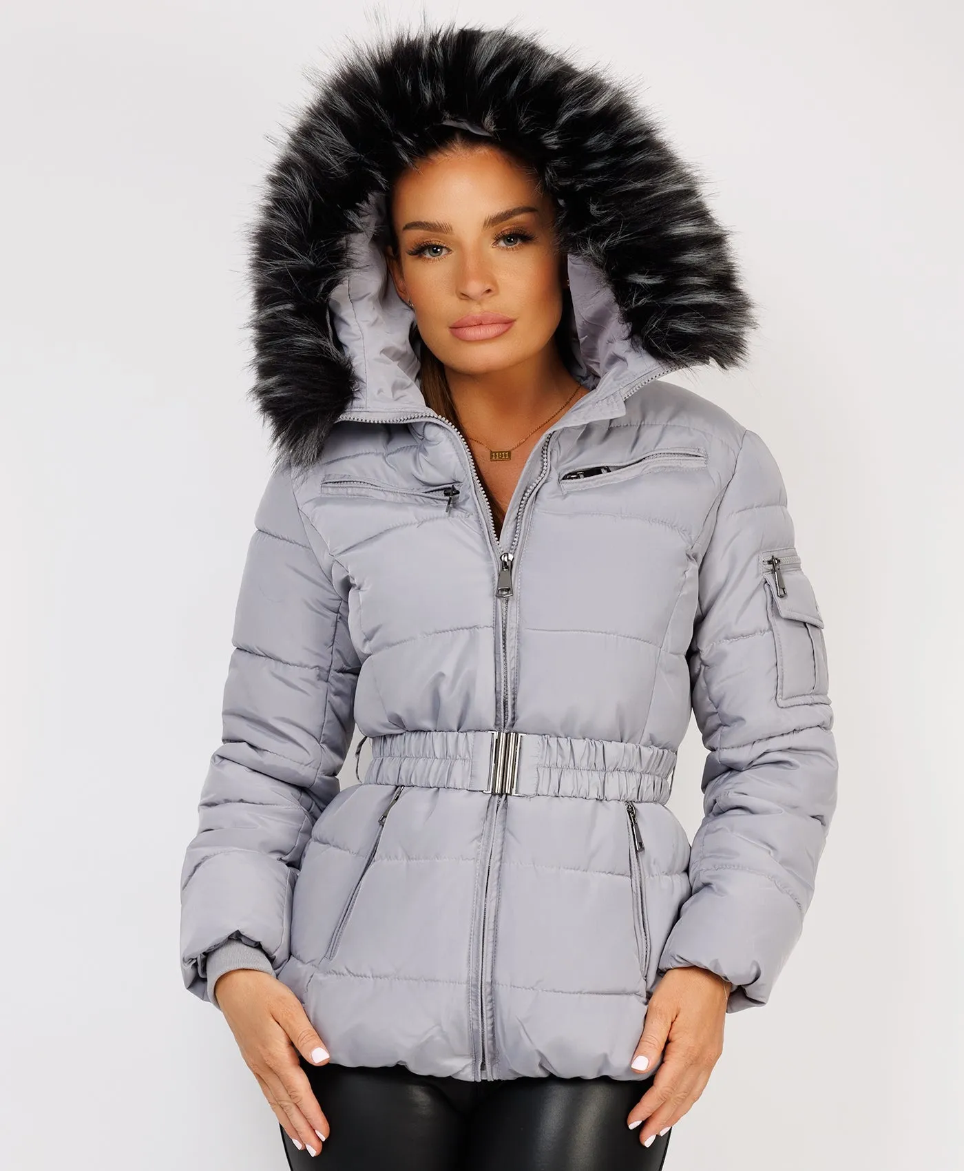 Grey Padded Waist Belted Faux Fur Hooded Jacket