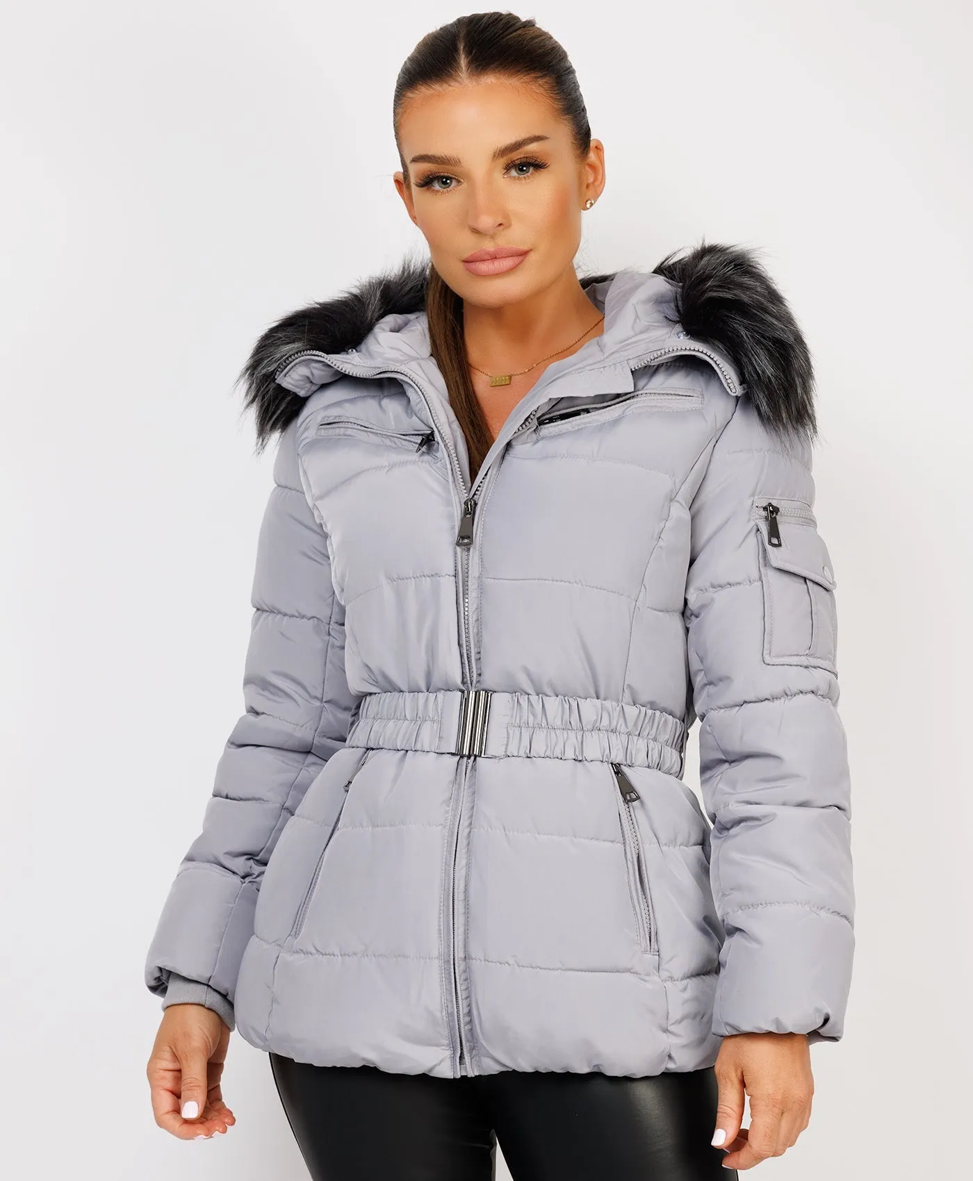 Grey Padded Waist Belted Faux Fur Hooded Jacket