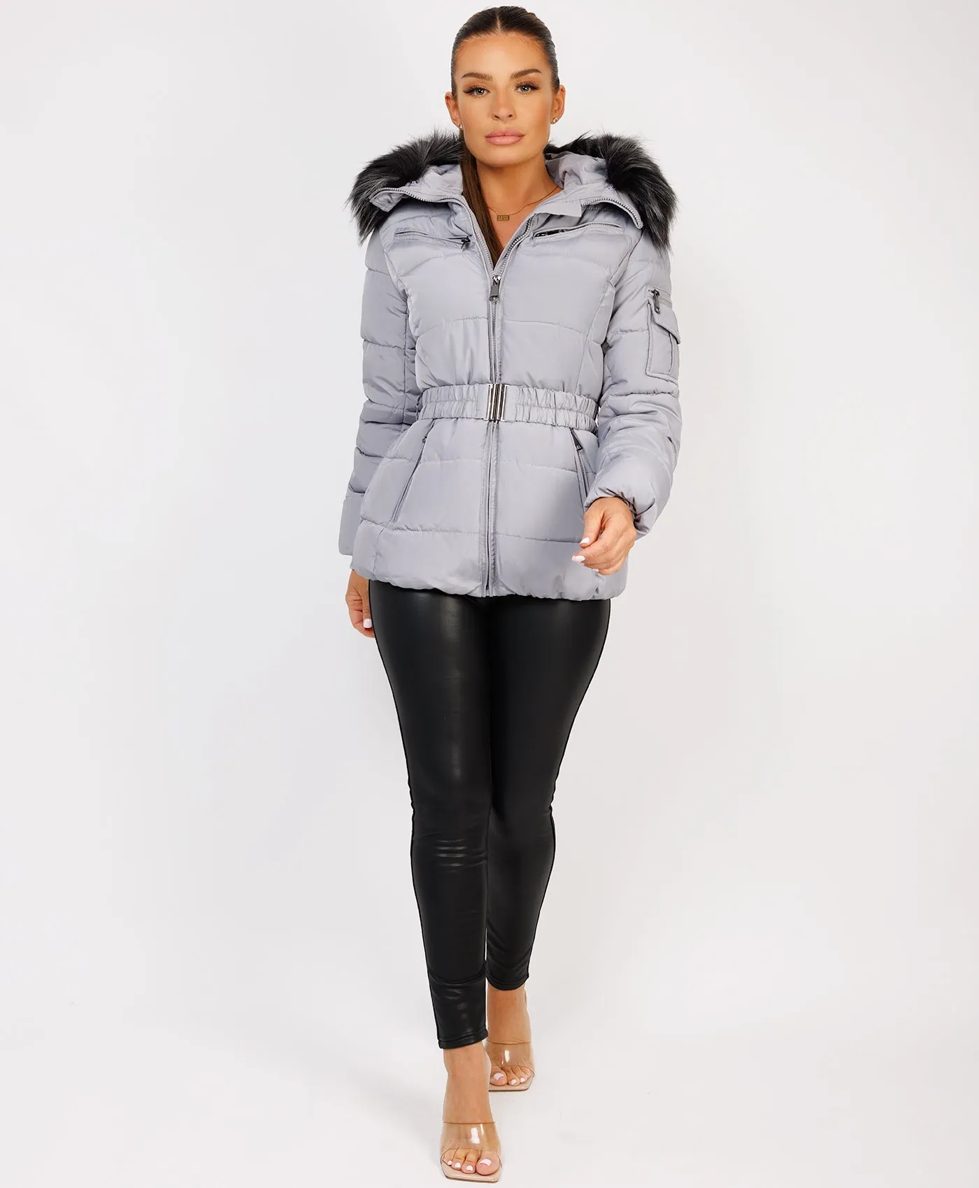 Grey Padded Waist Belted Faux Fur Hooded Jacket