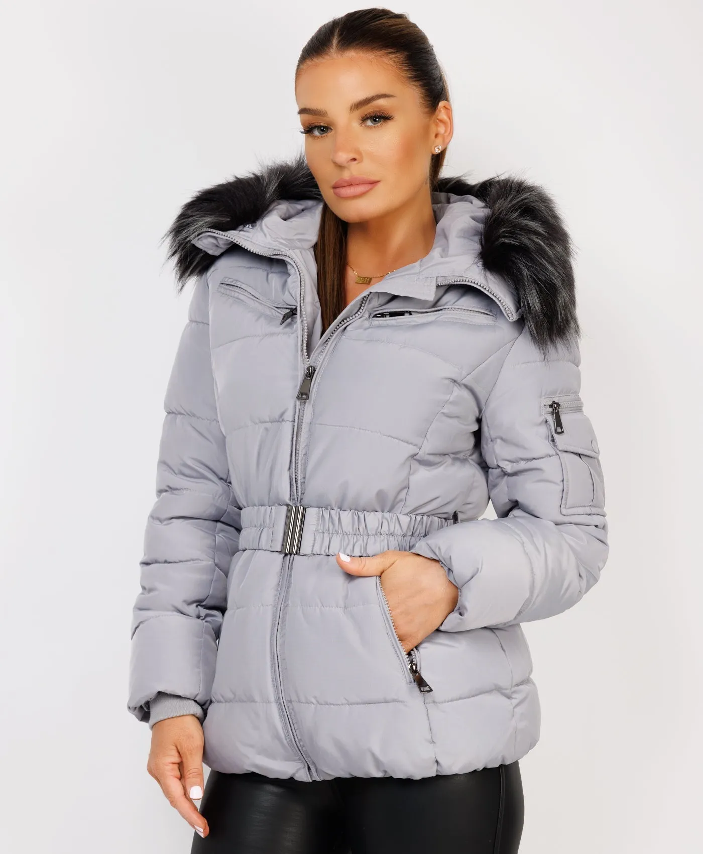 Grey Padded Waist Belted Faux Fur Hooded Jacket