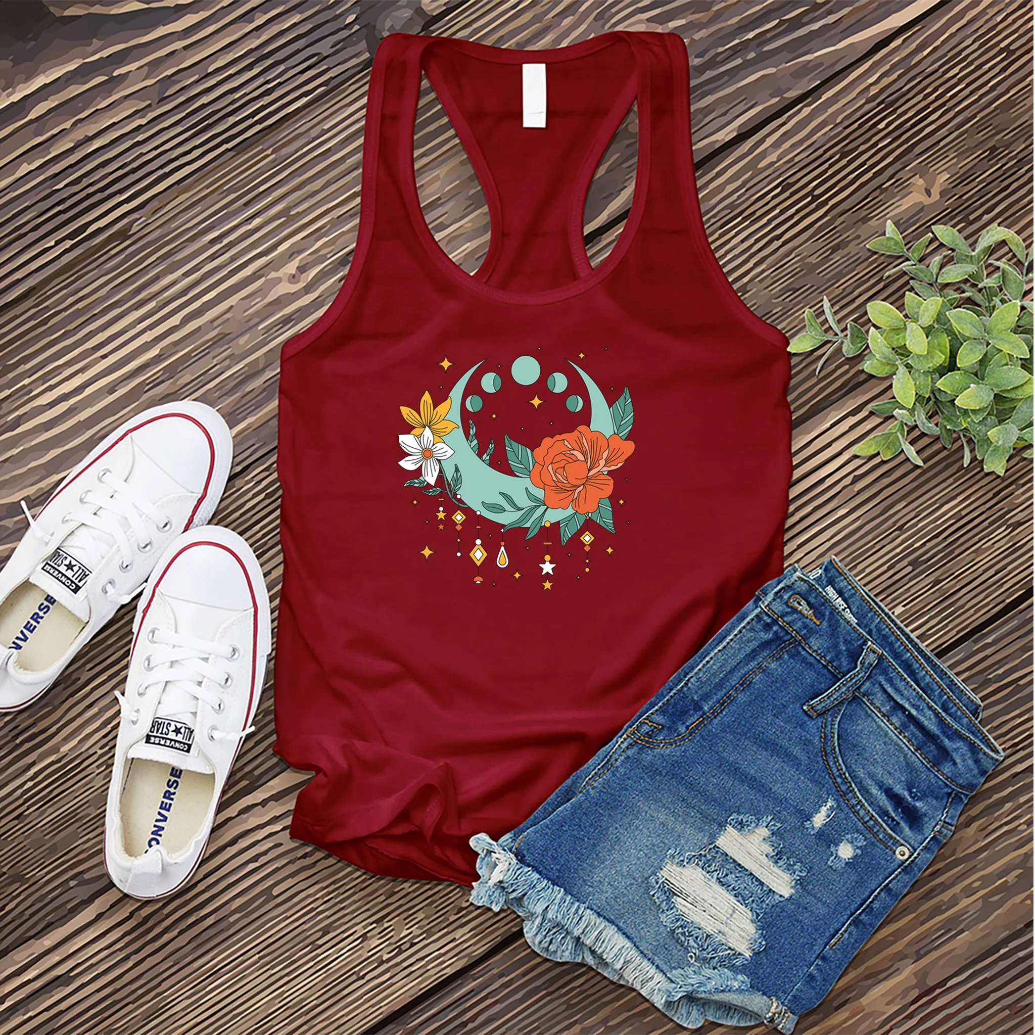 Horizontal Moon Phases Floral Women's Tank Top