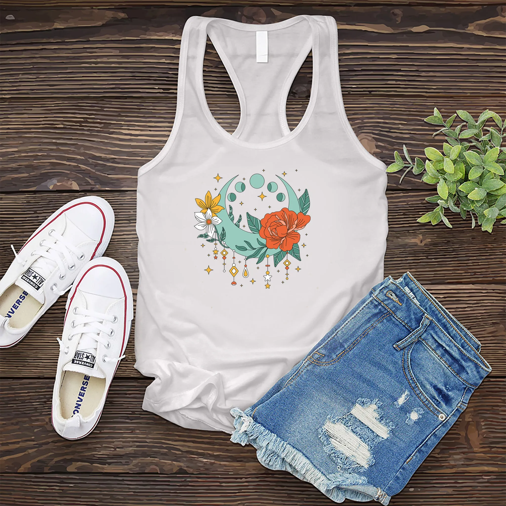 Horizontal Moon Phases Floral Women's Tank Top