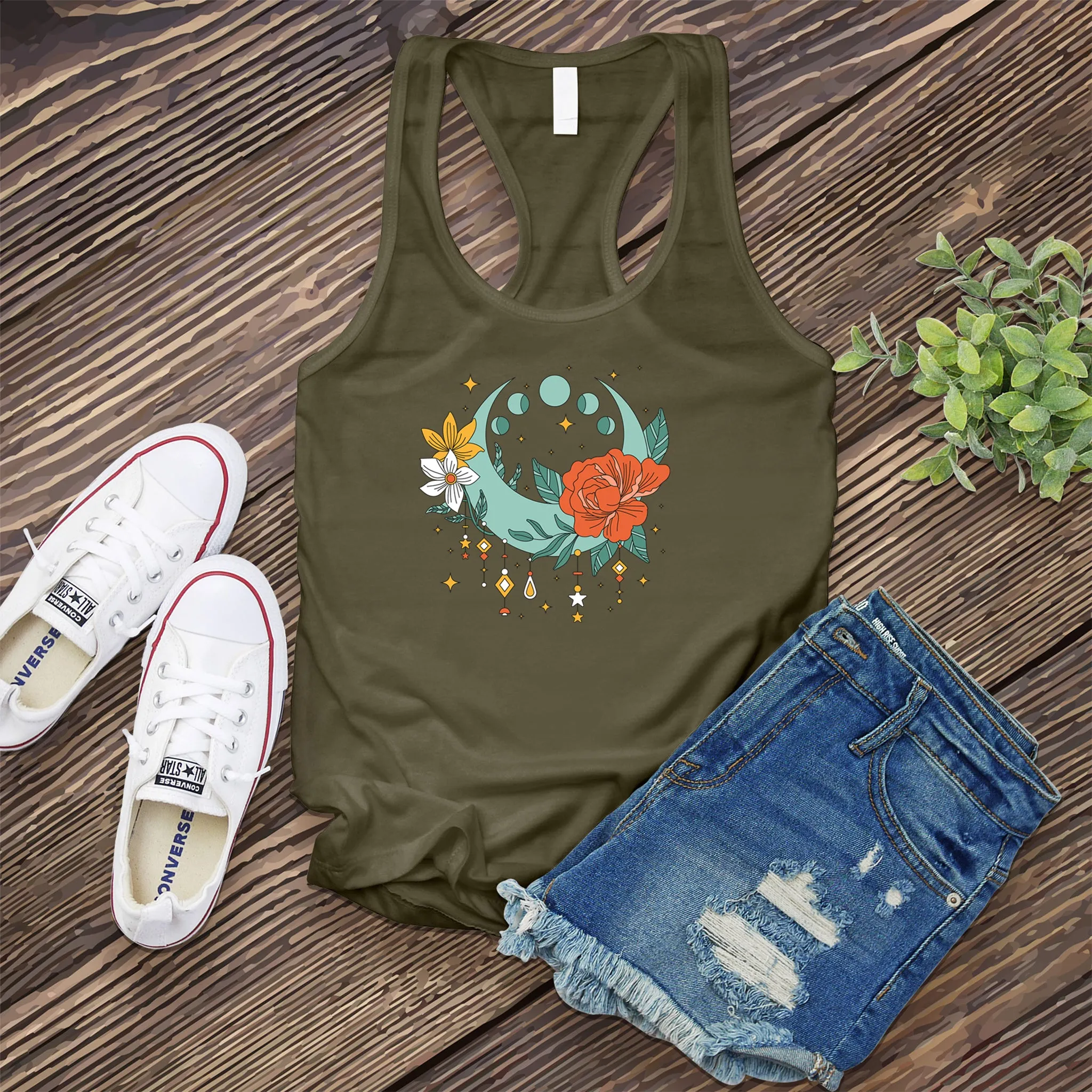 Horizontal Moon Phases Floral Women's Tank Top