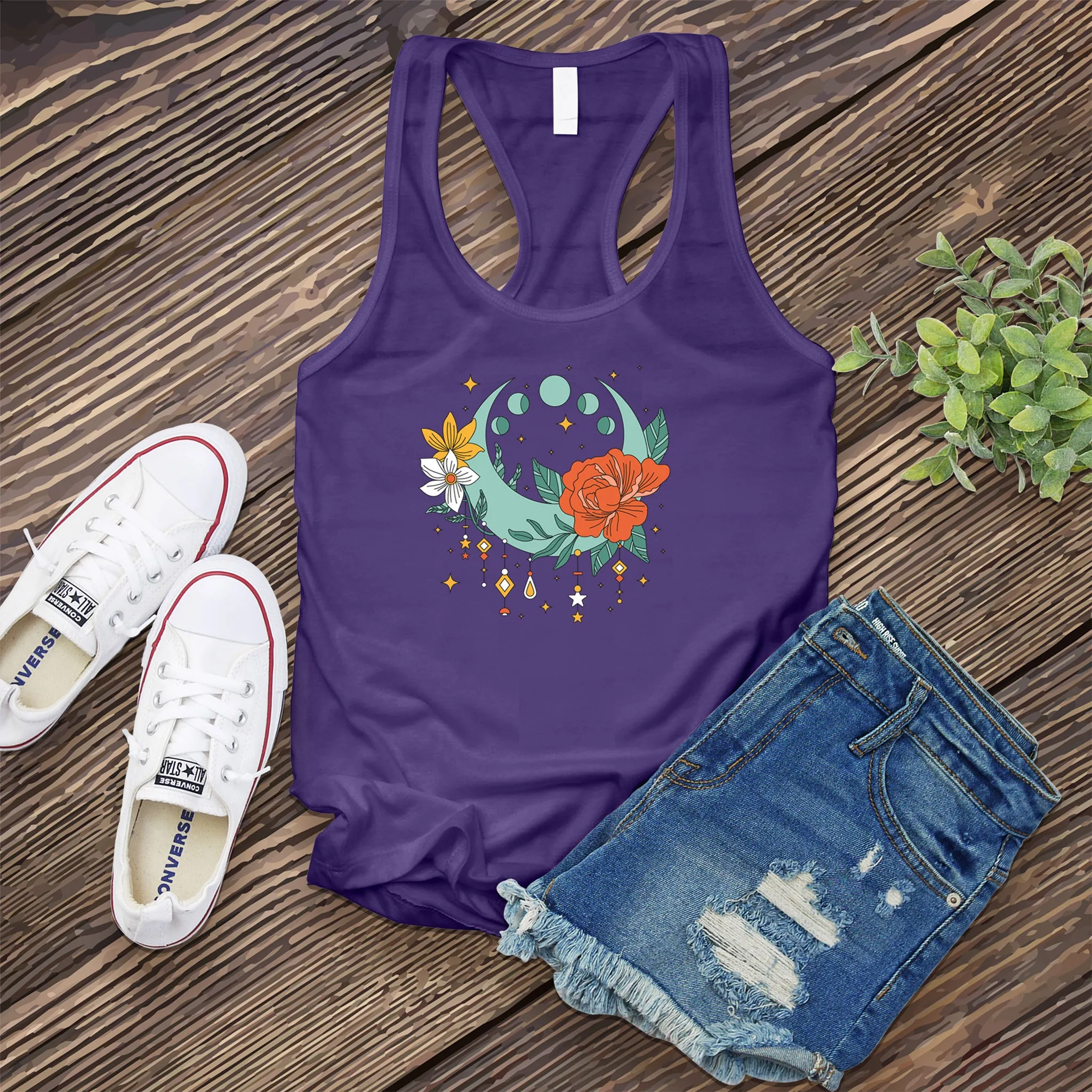 Horizontal Moon Phases Floral Women's Tank Top